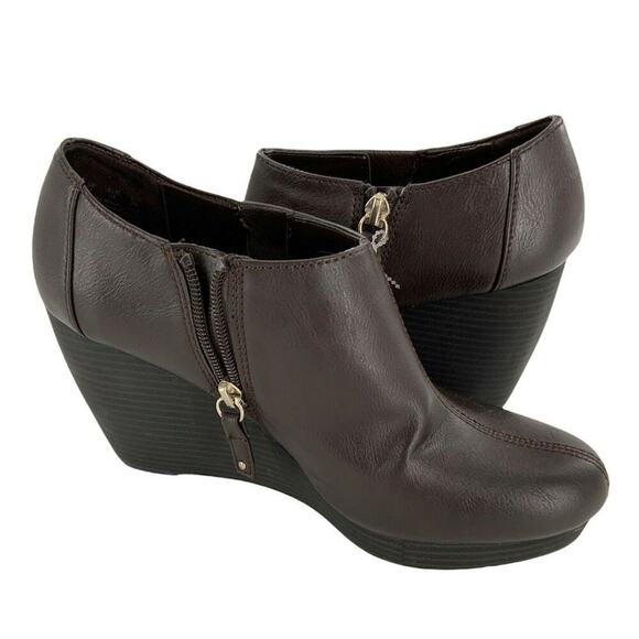 Dr Scholls Booties Womens Sz 9M Headline Wedge Ankle Side Zip Brown Faux Leather - Picture 4 of 8